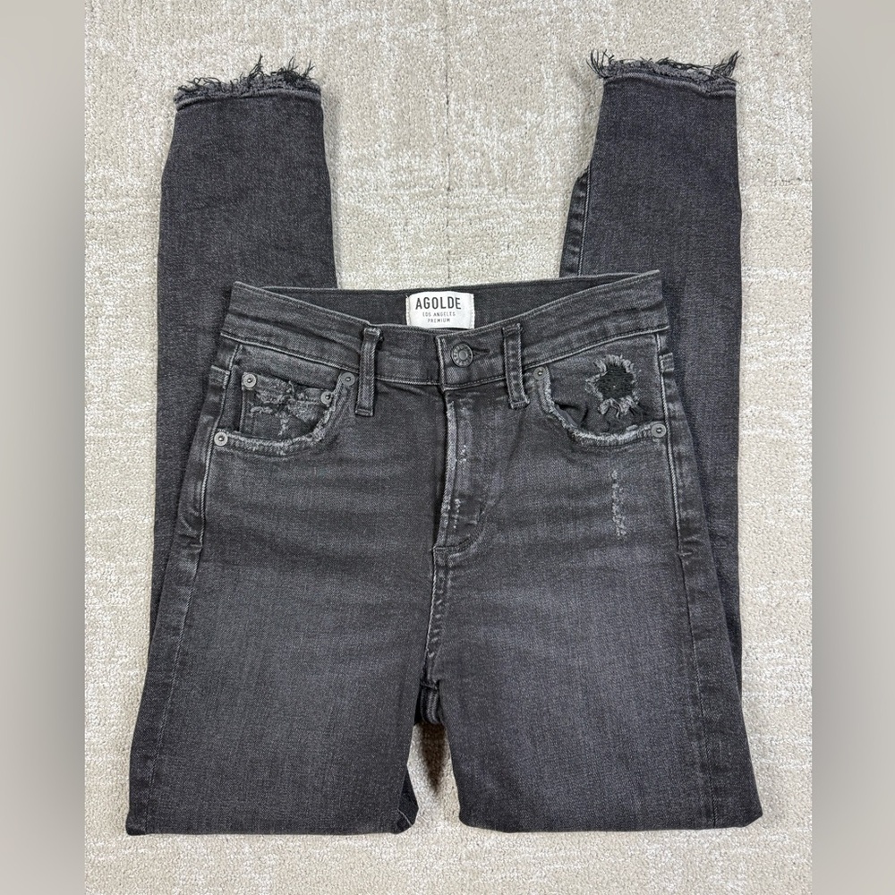 AGOLDE Sophie High Rise Skinny Crop Jean in Temple Sz 25 Chewed Hem Black Denim